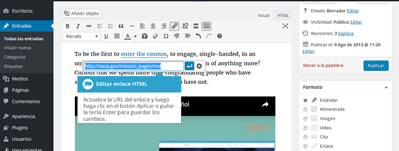editar enlaces html en ventana emergente en wordpress