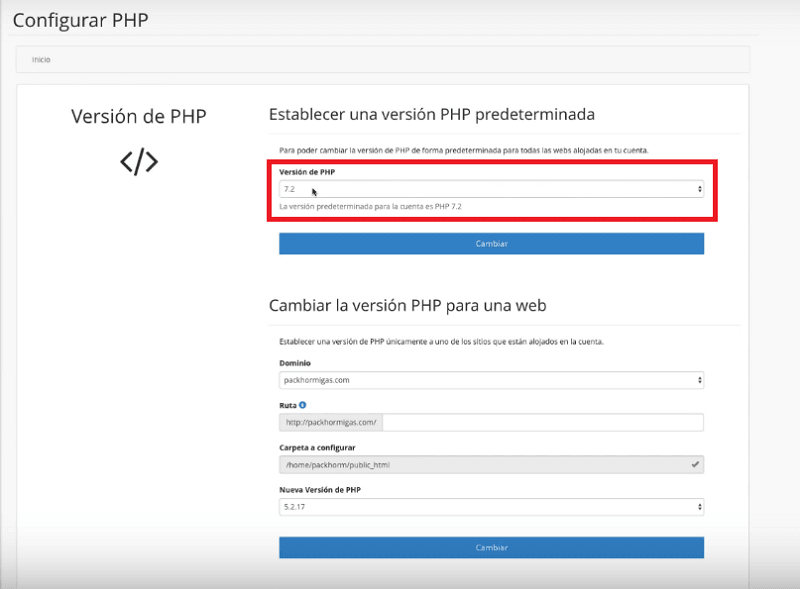 cambiar versión PHP en webempresa